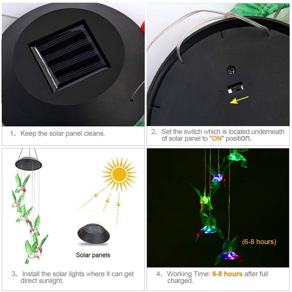 Solar String Lights Color Changing LED Mobile Hummingbird Wind Chimes Waterproof Outdoor Solar Lights for HomeYard