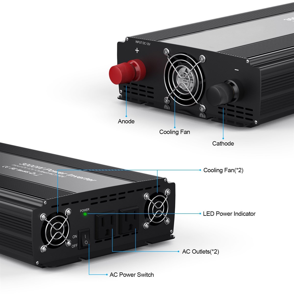 3000W Car Power Inverter 2 AC Outlets 12V DC to 110V AC with Battery Clip Cable