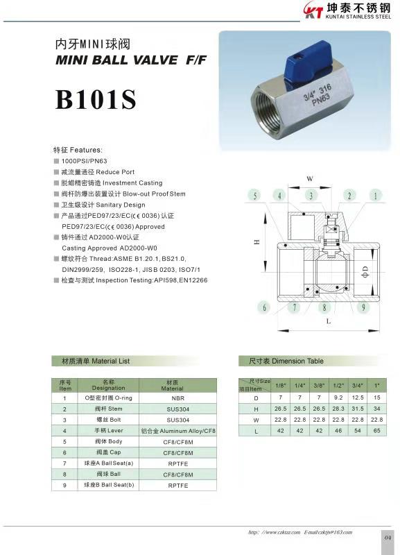 Stainless Steel CF8 CF8M Mini Ball Valve FxF