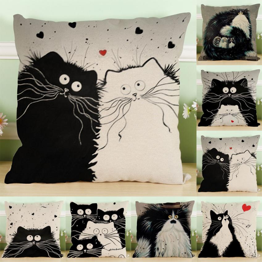 white and black Cat Cotton cute Pillow case Sofa Waist Throw Cushion cover Home Car Decor