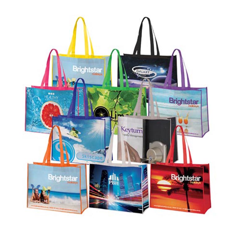 wholesale environmental logo printed new design full color eco laminated non woven fabric carry bag