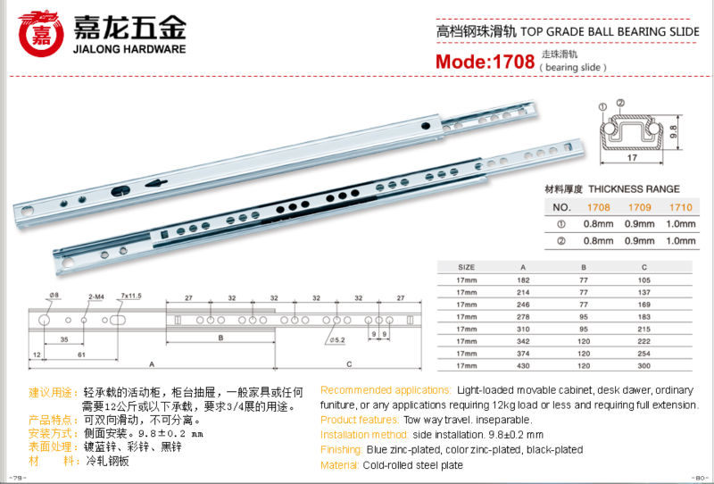 Jieyang Furniture Parts 2fold Steel Ball Bearing Drawer Slide