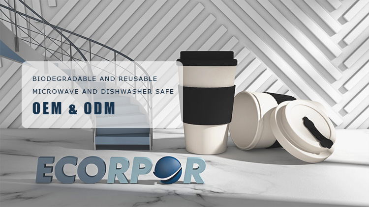 Biodegradable Bamboo Fiber Reusable Coffee Cups with silicone lid and sleeve