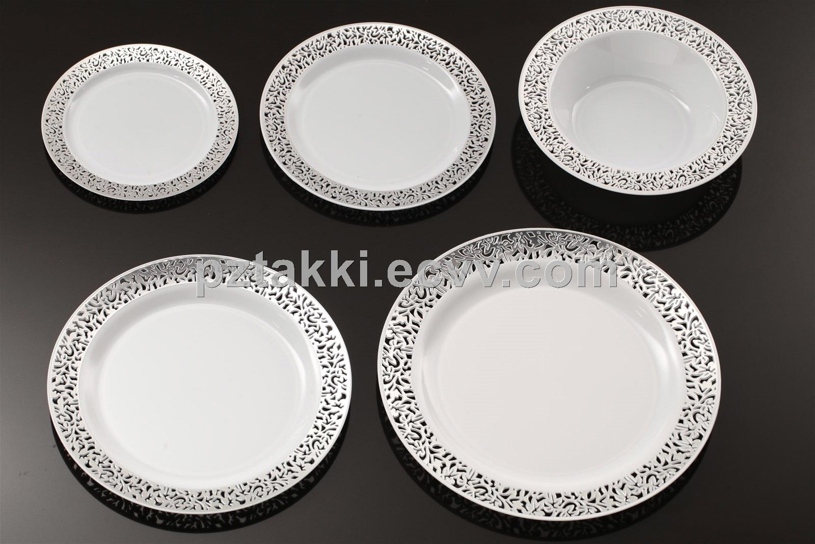 Disposable Plastic Plates with Lace Design Iron Silver Edge Tableware for Wedding Party Dinner Salad Or Dessert