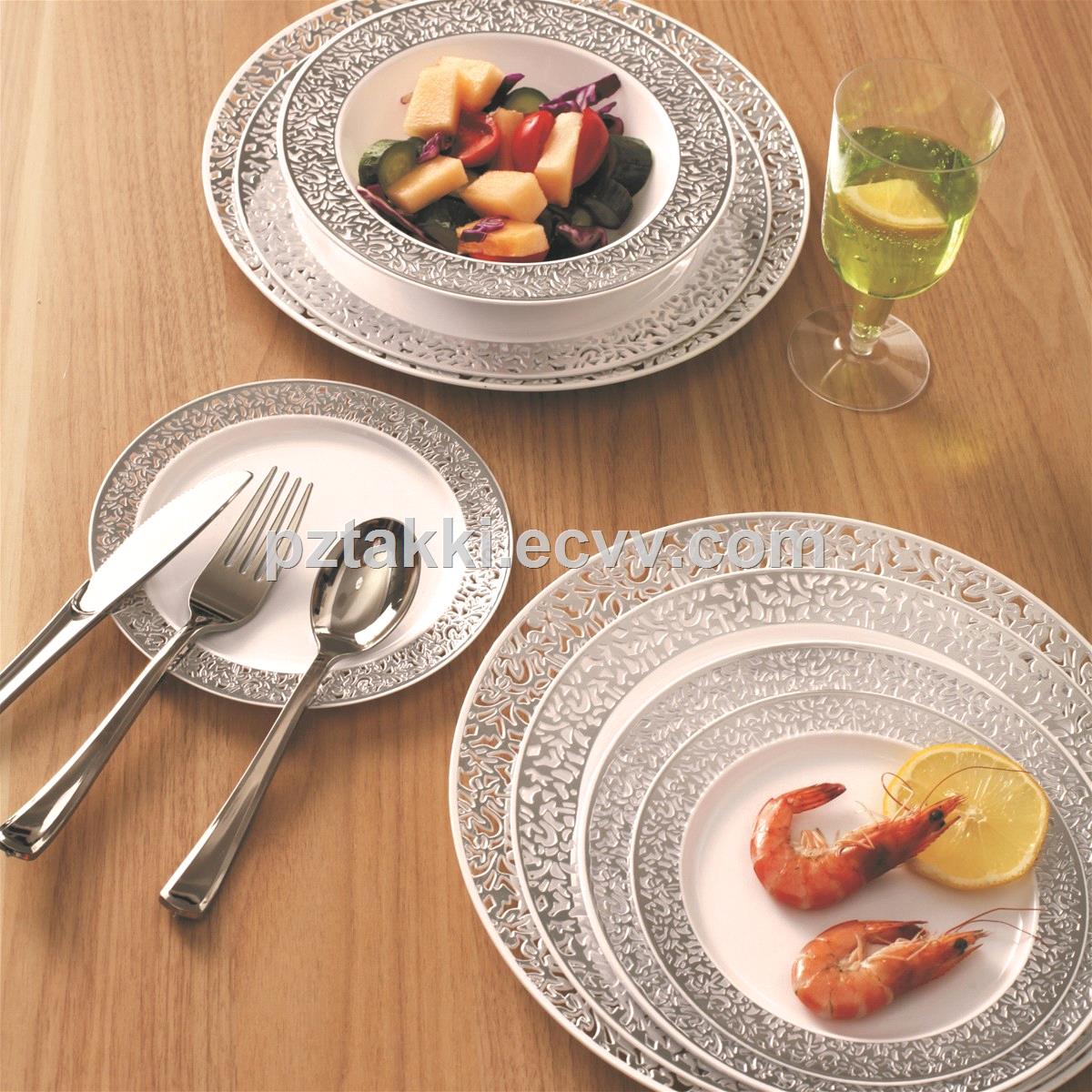 Disposable Plastic Plates with Lace Design Iron Silver Edge Tableware for Wedding Party Dinner Salad Or Dessert