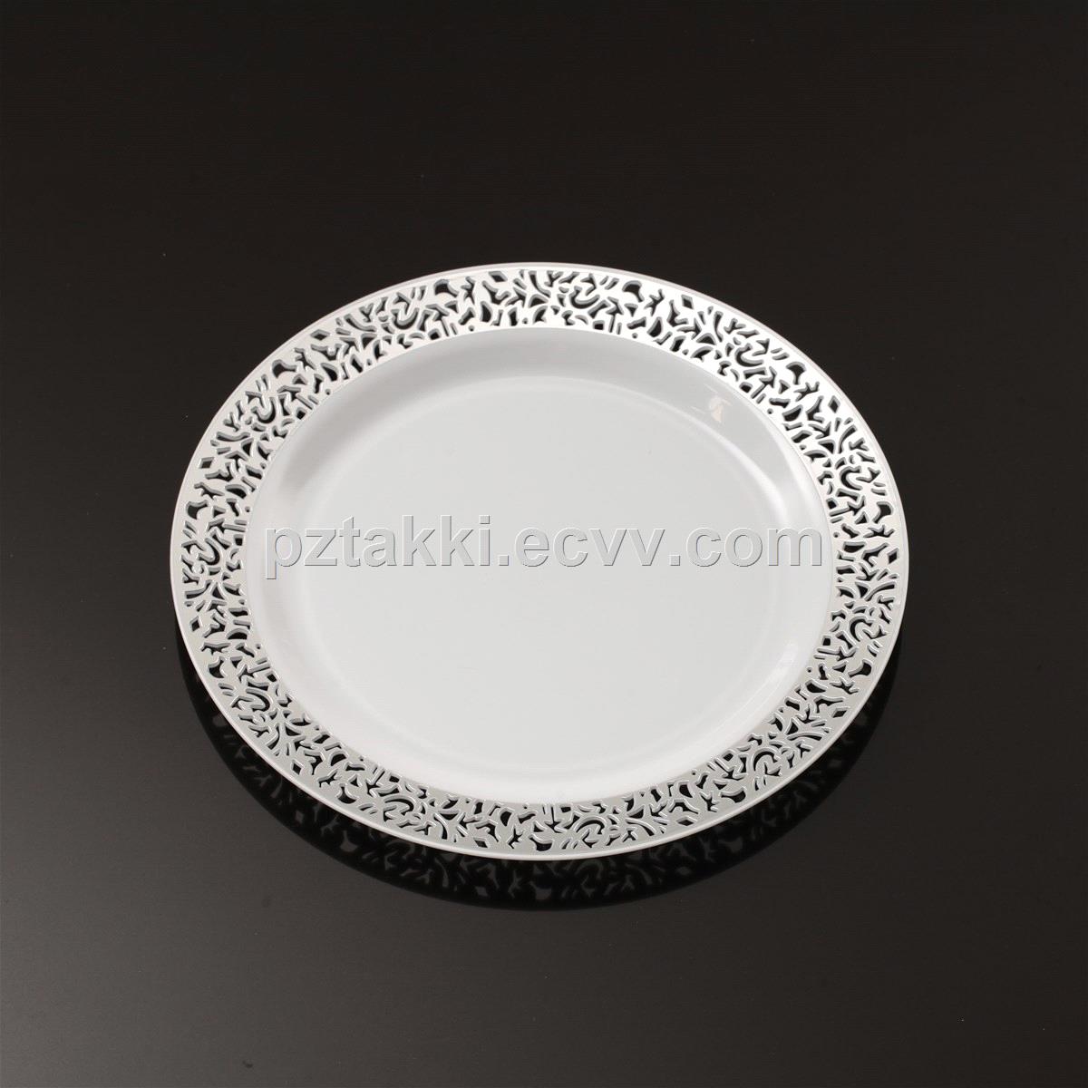 Disposable Plastic Plates with Lace Design Iron Silver Edge Tableware for Wedding Party Dinner Salad Or Dessert