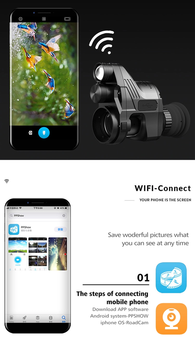 WiFi Night Vision Sight Rifle Scope Scout Electric Monocular Optic Accessory for Outdoor Hunting