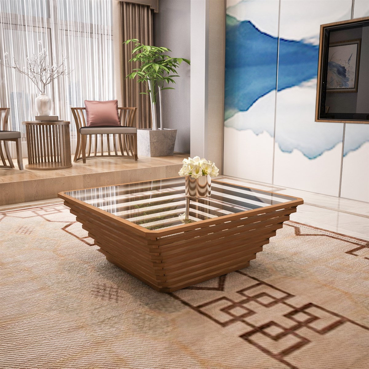Spectrum Solid Bamboo Coffee Table with Glass Top
