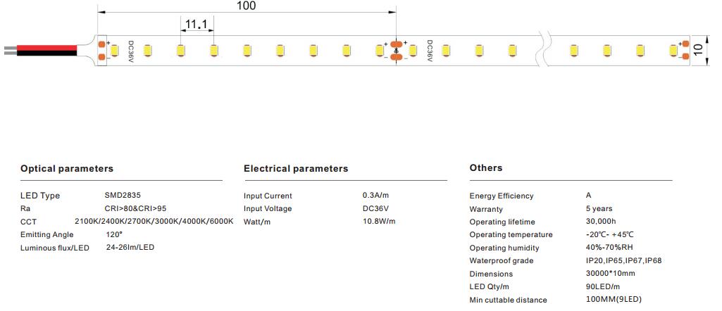 Builtin Constant Current IC 2835 led strip 90leds 30m running length