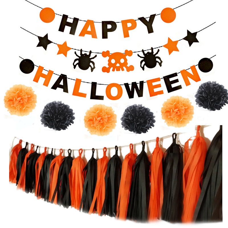 Happy Halloween banner with paper pom poms garlands tassels for party decoration