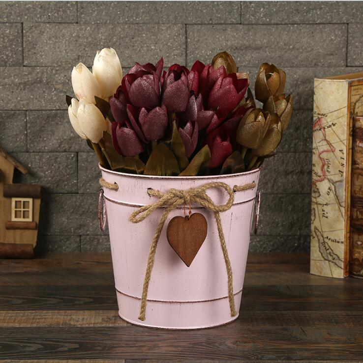 creative iron flower bucket with rope and heart hanging decoration metal flower vase