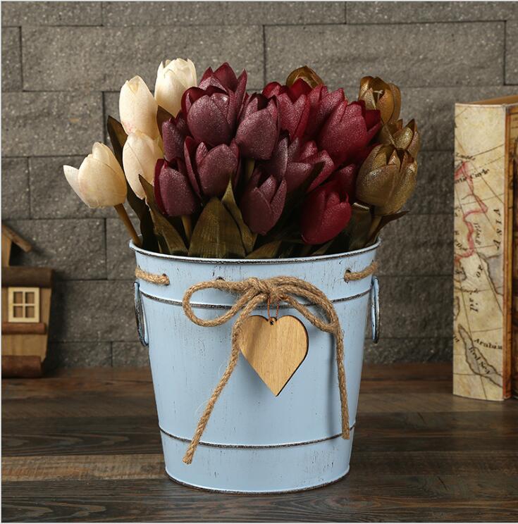 creative iron flower bucket with rope and heart hanging decoration metal flower vase