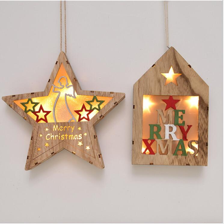 Hanging Wooden Crafts with LED Light Pendant Star House Wall Decor for Christmas Home Decoration