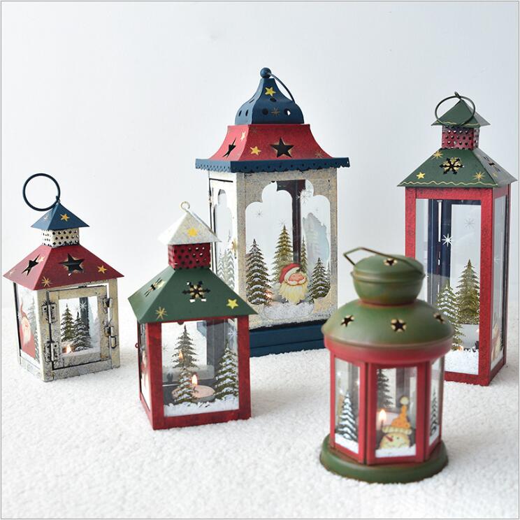 European Vintage Iron Art Home Courtyard Santa Claus Snowman Christmas lantern Candle Holder Decoration