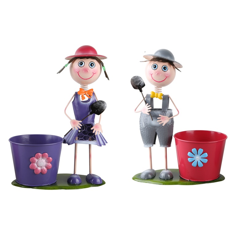 Metal Pot Garden Planter Iron Boy Girl Figures Garden Flower Pot