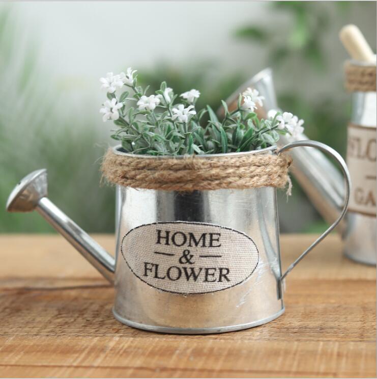 pastoral style iron metal flower vasewatering can garden planter with rope
