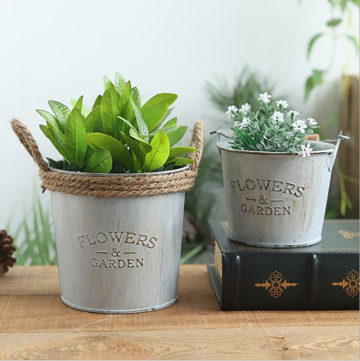 pastoral style iron metal flower vasewatering can garden planter with rope