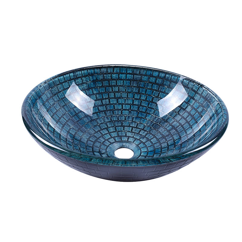 Bathroom RoundShaped Veseel Glass Sink in Dark Blue Color Mosaic Design