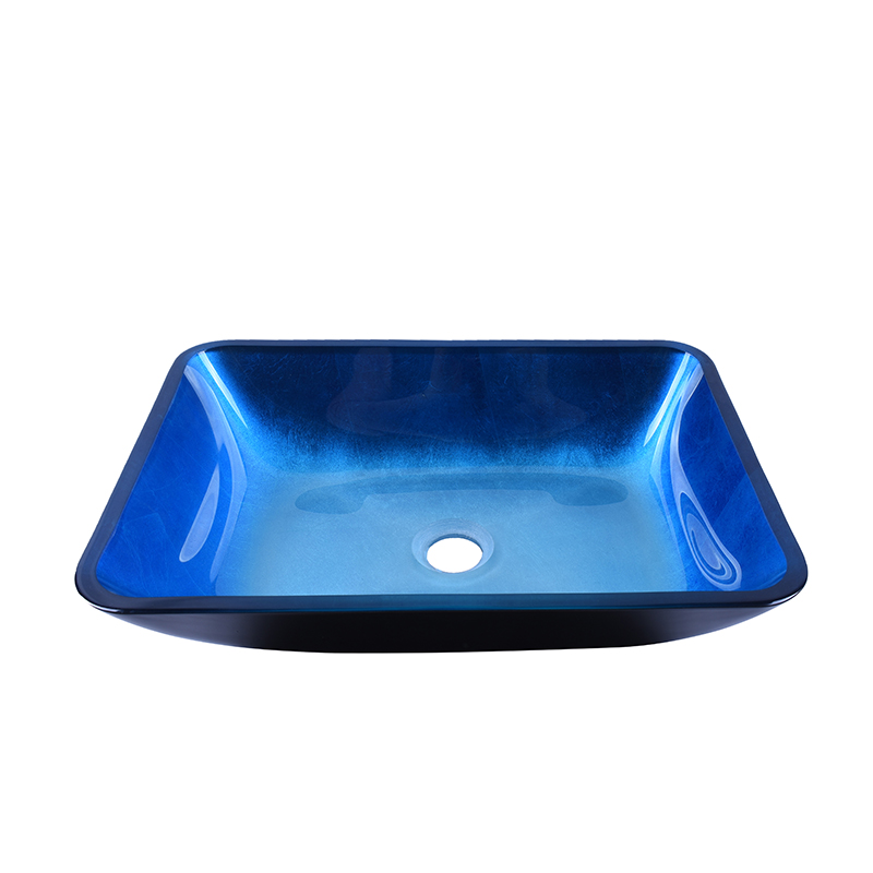 Rectangular Shape Blue Color Tempered Glass Vessel Bathroom Sink