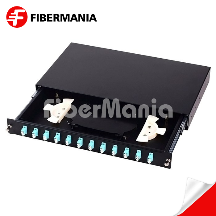 1u 19 Inch Sliding Fiber Optic Patch Panel Loaded with 12 LC Duplex Om3 Multimode Adapters