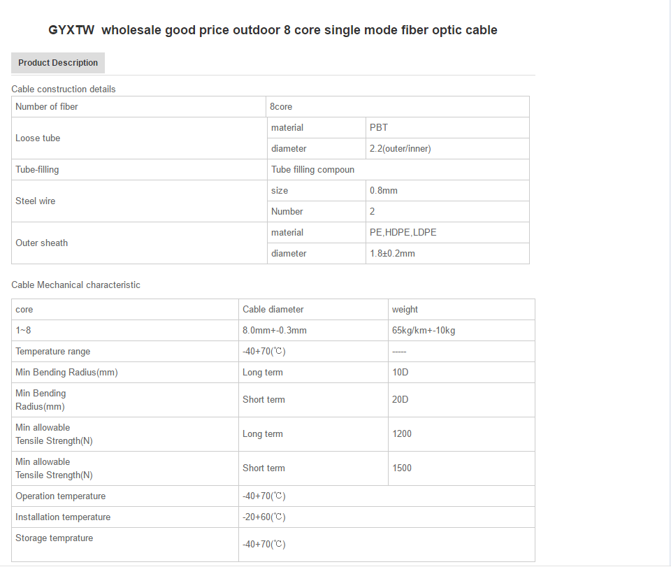 FTTH drop cable wholesale good price indoor 8 core single mode fiber optic cable