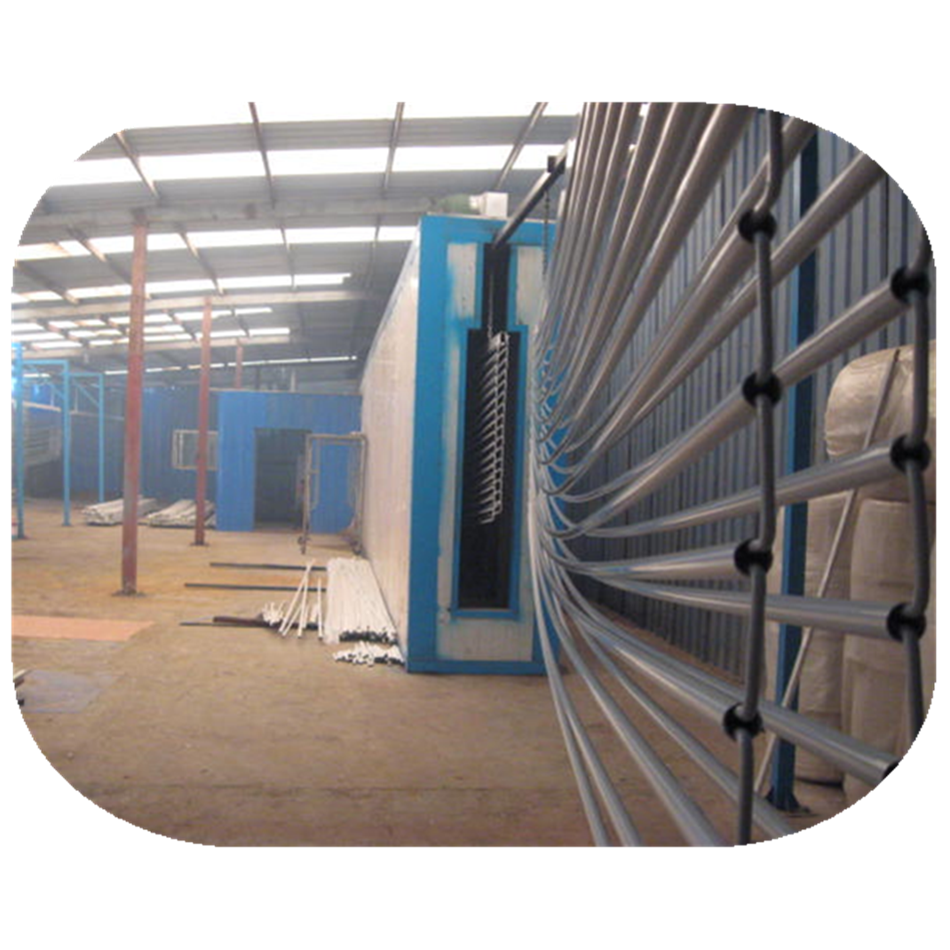 Electrostatic powder coating line for aluminum profiles