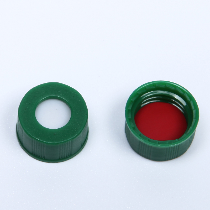 White PTFEred Silicone septa 9mm green short screwthread polypropylene cap 6mm centre hole