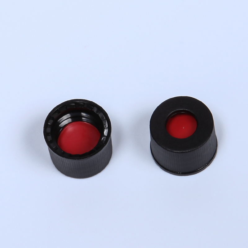 Red PTFEwhite Siliconered PTFE septa 8mm black screw polypropylene cap 55mm centre hole