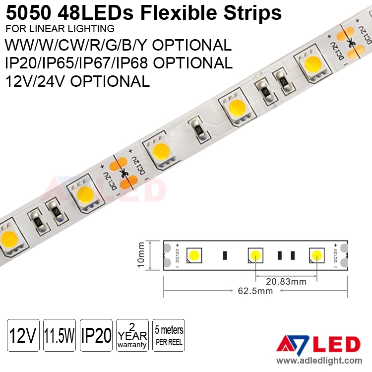 Adled 10mm pcb width 12v smd 5050 high lumen led strip light for wardrobe