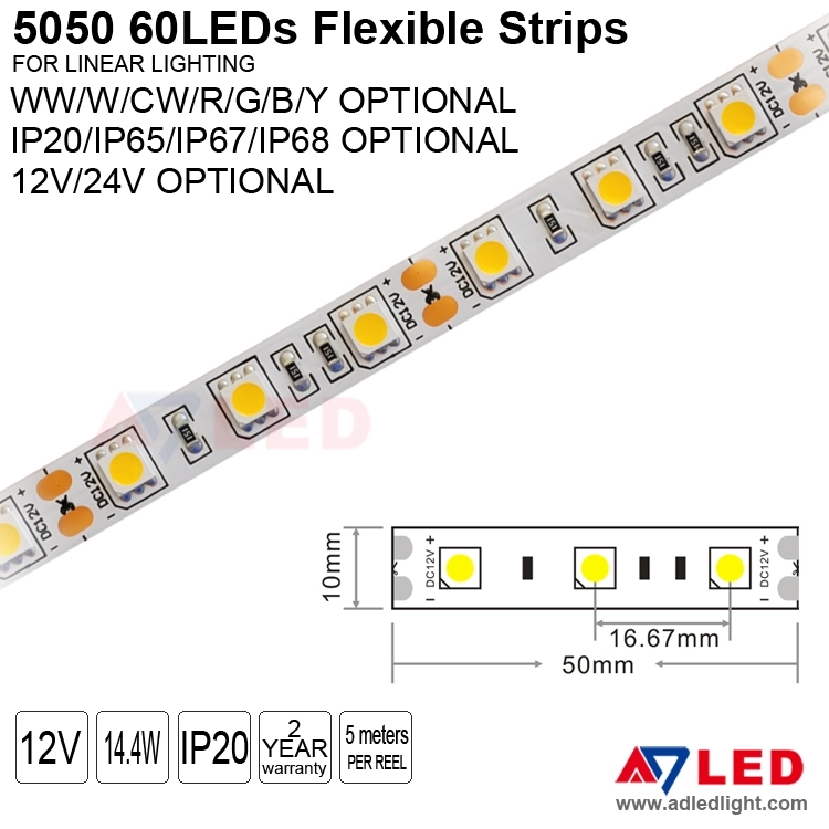 ce rohs approved 12v 5050 60ledsm flexible led strip for mirror showcase