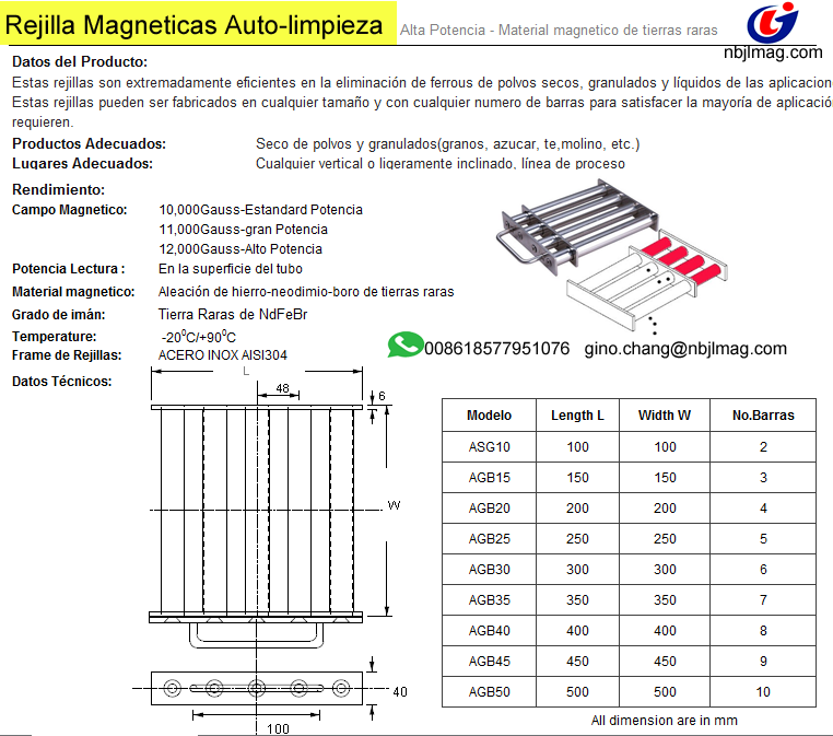 autocleaning grid magnet 250x250mm with N50 magnet 12000gs