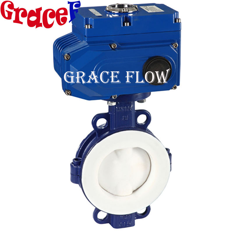 Wafer PTFE Butterfly Valve with 24V 110V 220V 380V Electric Actuator