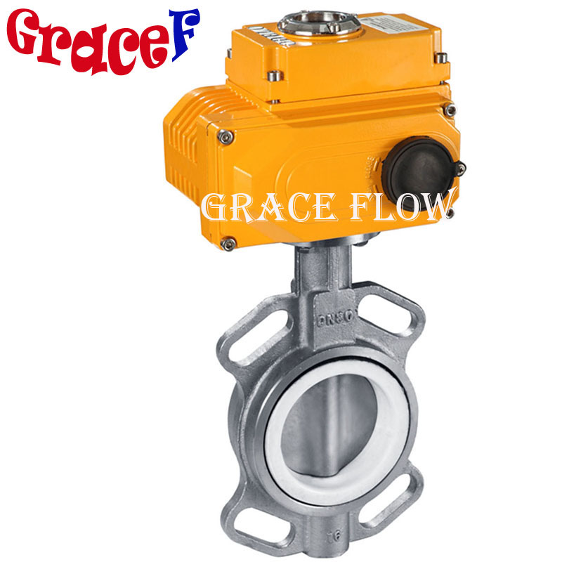 Wafer PTFE Butterfly Valve with 24V 110V 220V 380V Electric Actuator