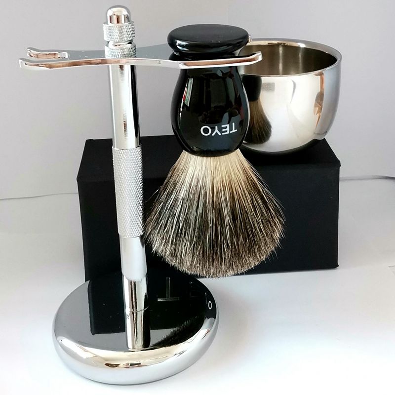 TEYO Pure Badger Hair Shaving Brush Set Include Shaving Bowl Chrome Stand for Safety Razor Double Edge Razor