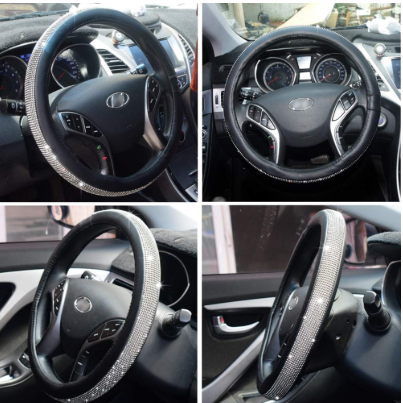 Hot New Auto Car Steering Wheel Cover PU Leather w Cool Bling Rhinestone 38cm steering wheel cover
