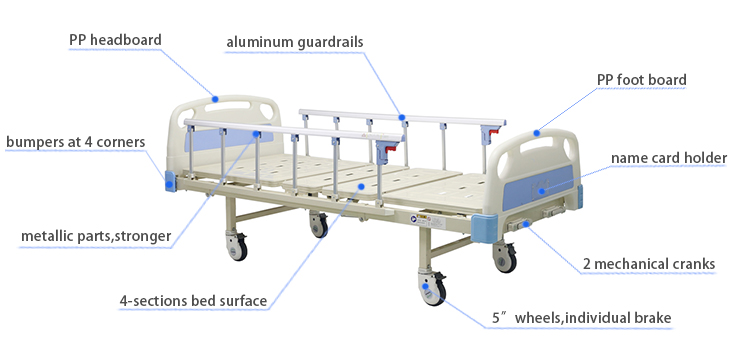 Hot Sell Two Manual Crank Hospital Adjustable Care Bed