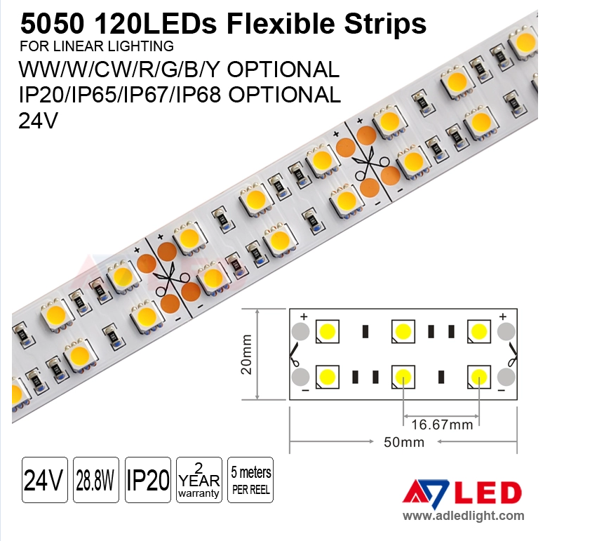 5m per roll dc24v SMD 5050 120ledm double row led flexible strip lights