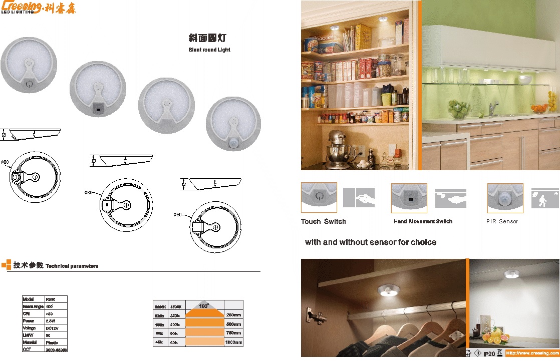 PIR Sensor SMD2835 LED Ultra Slim effectively protect eyes Slant round display light led cabinet lightfor All Furniture