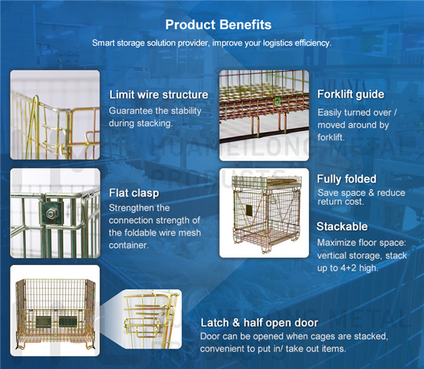 Rigid galvanised collapsible folding portable pet preforms storage steel wire mesh containers with lid for sale