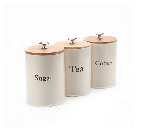 3 pieces galvanized metal tea coffee sugar canistet set with bamboo lid jar tin