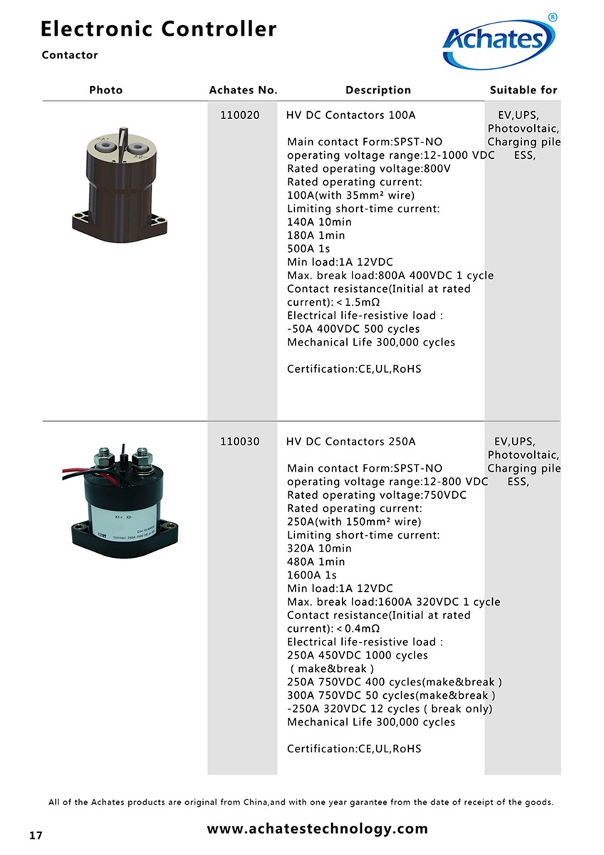 HV DC Contactors 250A Rated operating voltage750VDC