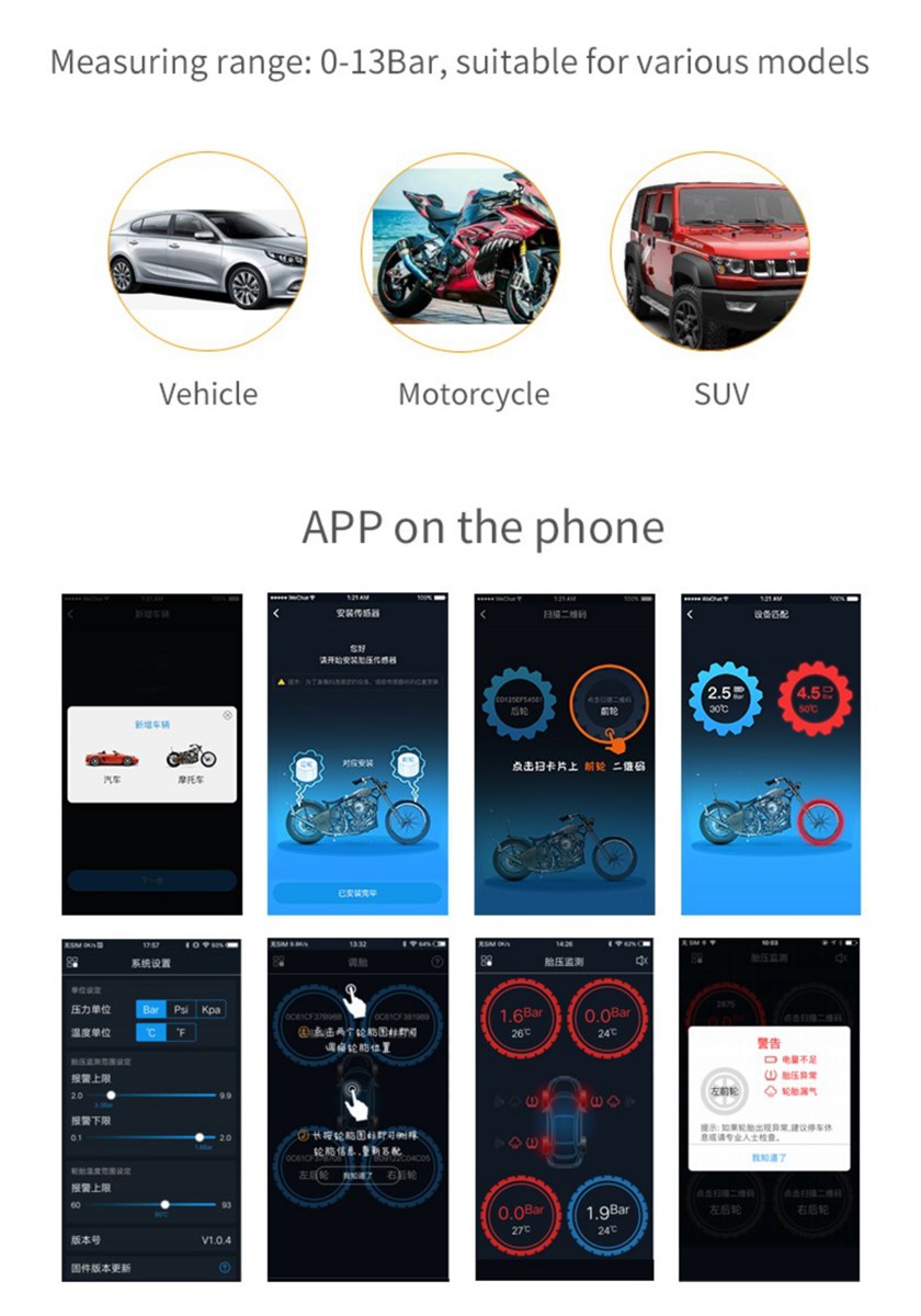Bluetooth tire pressure monitor TMPS for driving and riding safetywith more CEFCC etc certification