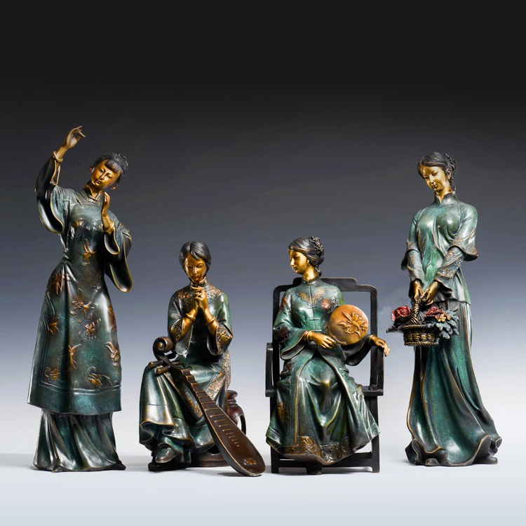 A Set of Four Stylized Modern Bronze Statues of Me Bronze Statue of a Chinese Woman