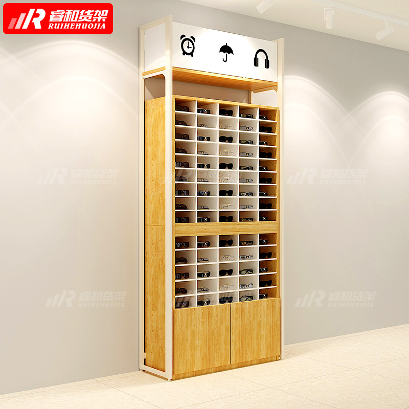 factory price miniso style wooden shelf display for store sunglasses display cabinet