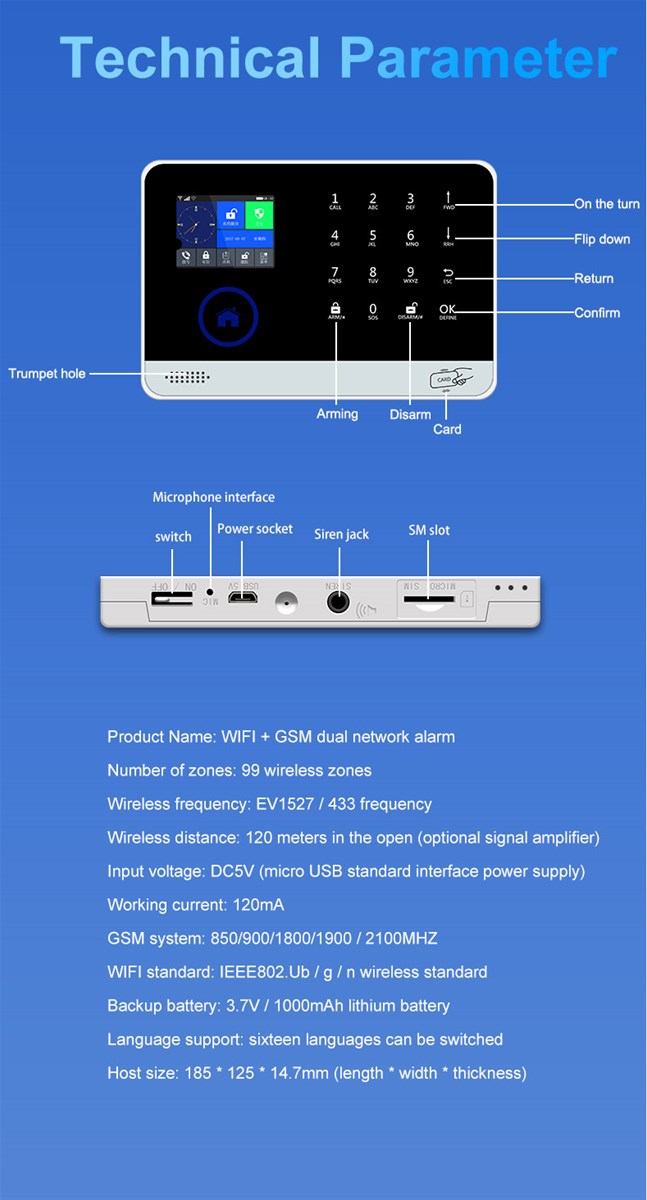 GSM 3G WiFi Home Security Alarm System Support IP Camera Smart Socket IOS Android App 88 Wireless Zone 8kind of Language