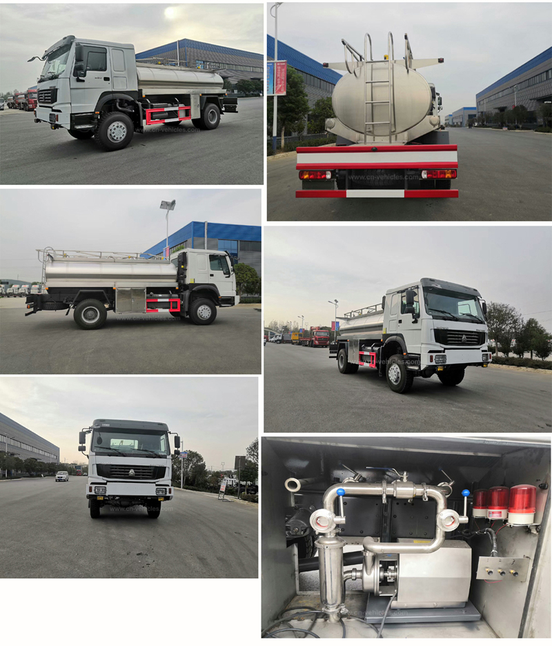 Sinotruck howo 290hp 6 Cbm 6000 Liters 3042B Food trade Stainless Steel Milk Tanker Truck With Alarm Level Gauge