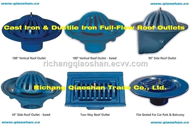 Ductile Iron fullflow roof outlet with round dome or flat grate