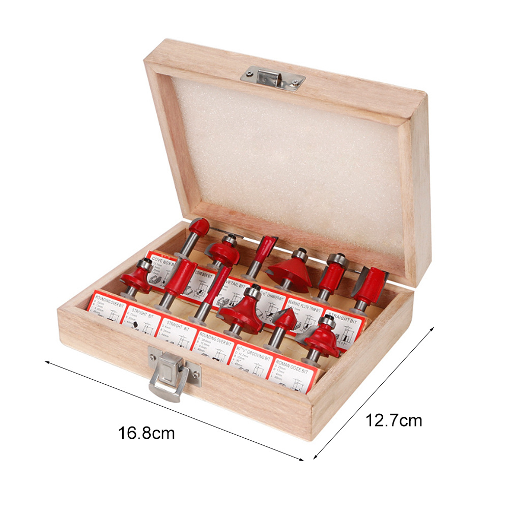 12pcs In Wooden Box Woodworking Milling Cutters Set Shank Carbide Router Bit Cutting Tools 12 14