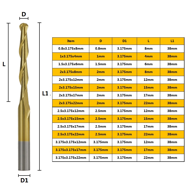 Titaniumplated 3175mm Shank Diameter Spiral Ballend Milling Cutter 10 Pcs Router Bit Engraving Bit Cutter Spiral CNC