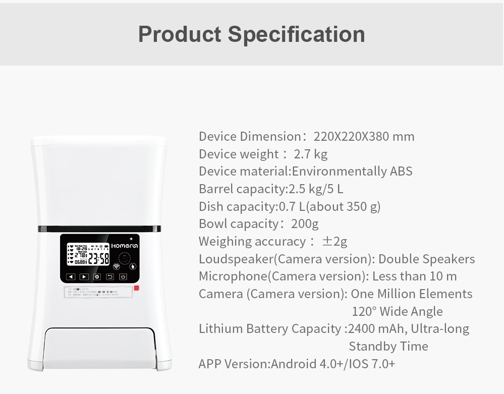 Homerun Smart Automatic Pet Feeder With Bluetooth WiFi APP Remote Control CE FCC for Dogs Cats